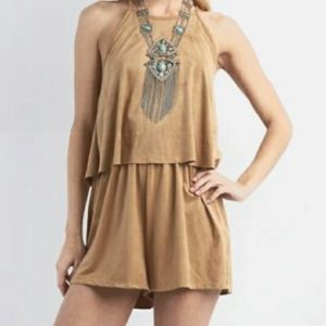 Caramel Tan Colored Romper with Keyhole Opening Back by Peppermint size M - L